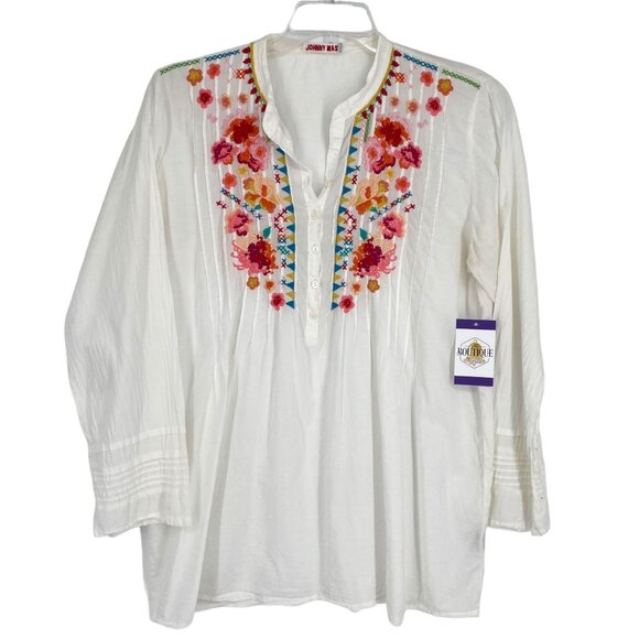 Johnny Was Tunic Blouse Floral Embroidery White Boho Artsy Romantic Feminine L - Picture 11 of 11